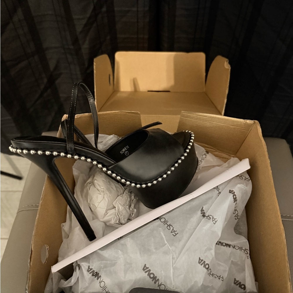 Fashion Nova Black Studded Platform Slingback Pumps